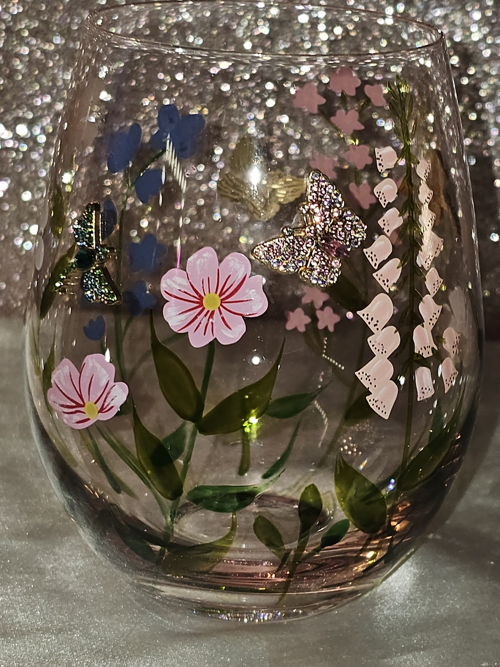 Hand-Painted Floral Glass Cup w/Metal Charms Dragonflies & Butterflies - Picture 5 of 5